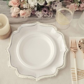 Tableclothsfactory 25 Pack | White/Silver 10" Scallop Rim Dinner Party Paper Plates, Disposable Plates - 300 GSM