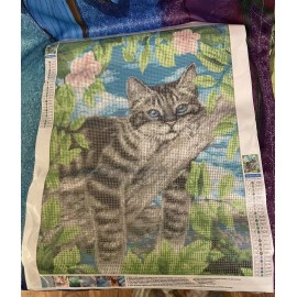 TishIron 5D DIY Lazy Kitty Cat w Pink Flowers Diamond Painting Kit NEW 12" X 16"