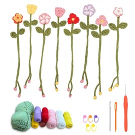 ASDIIT 8 Pcs Crochet Flower Bookmarks Kits for Beginners Amigurumi Crochet Starter Set Knitted Flowers Kit Mothers Day Valentines Christmas Gifts for Women - with Step-by-Step Video