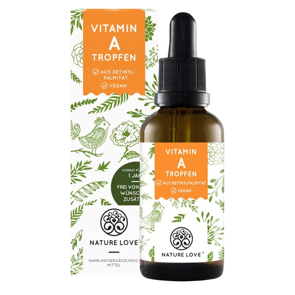 NATURE LOVE® Vitamin A Drops - 50 ml - in MCT Oil from Coconut - Vegan, Laboratory Tested, Produced in Germany - No Unwanted Additives