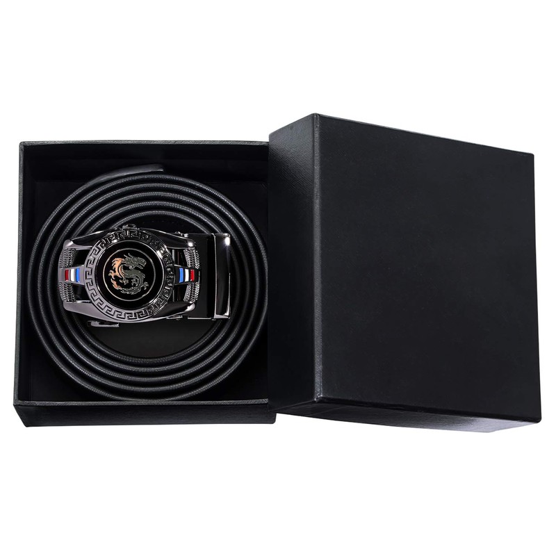 Barry.Wang Black Belt for Men Dragon Designer Buckle Chinese Sliding