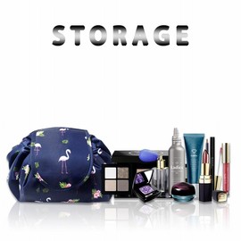 Lazy Drawstring Makeup Bags, Large Capacity Waterproof Travel Portable Cosmetic Bag Pouch Makeup Pouch Storage Organiser for Women Girl (Navy Flamingo)