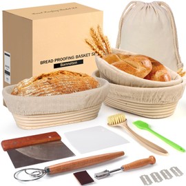 Banneton Bread Proofing Basket Set, 11 Inch Sourdough Proofing Basket and Bread Baking Supplies-Bread Lame, Danish Whisk, Bowl & Dough Scraper, Brush, (Plastic, 9in Oval + 10in Oval+11in Oval)