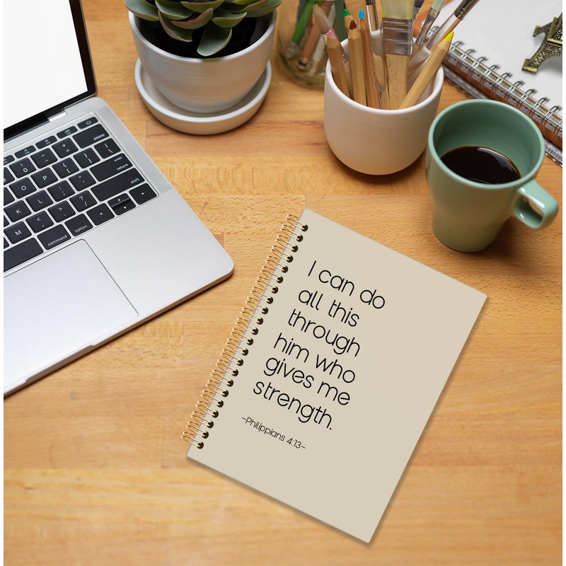 KRHFG Neutral Christian Spiral Notebook, Philippians 4:13 Bible Verse Journal,