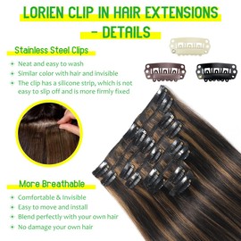 LORIEN Clip in Hair Extensions Real Human Hair, 14 Inch 80g, 1B/6 Natural Black to Chestnut Brown, Clip in 100% Brazilian Remy Human Hair Extensions 8pcs Per Set with 18 Clips Double Weft