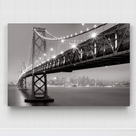 Renditions Gallery Landscape View Photographic Pictures Gallery Prints Décor Canvas Wall Art Decorations for Living Room Bedroom Kitchen Bathroom, 18x27, Bay Bridge At Night