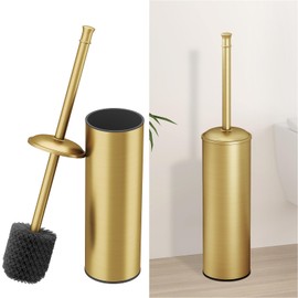 BESy Toilet Brush and Holder, Toilet Cleaner Bowl Set with Two Brush with Extra Long Handle, Durable Bristles Toilet Scrubber and Covered Holder, Drip-Proof Stainless Steel Brushed Gold
