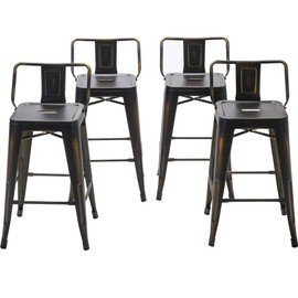 Changjie Furniture Pack of 4 Gunmetal Counter Bar Stool with Backs Indoor-Outdoor Bistro Cafe Bar Stools(24 inch, Distressed Gold)