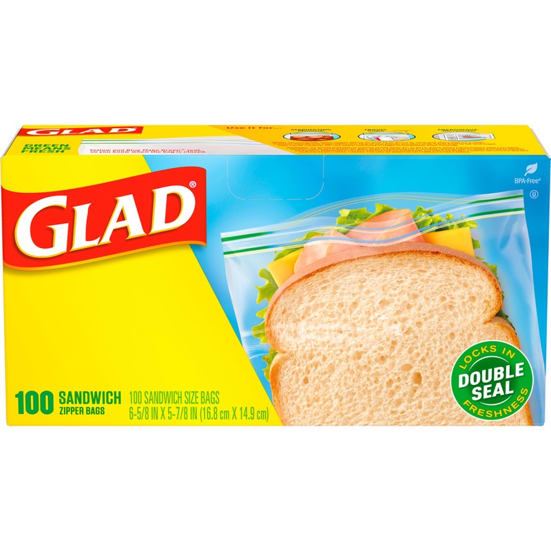 Glad Zipper Food Storage Sandwich Bags, 100 Count (Packaging May
