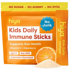 Hiya Kids Immune Support – Vitamin C, Elderberry & Beta Glucans for Ages 2+, Delicious Orange Flavor, 0g Sugar – 20 Stick Packs for Toddlers & Kids