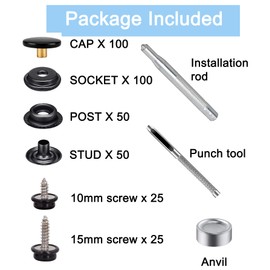 350PCS Canvas Snap Kit, BetterJonny Stainless Steel Screws Snaps Marine Grade Canvas Upholstery Boat Snaps Fastener Press Stud Cap with 3 Setting Tools Material Hole Punch for DIY Cover Leather Black