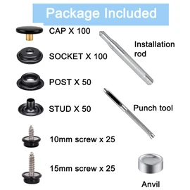 350PCS Canvas Snap Kit, BetterJonny Stainless Steel Screws Snaps Marine Grade Canvas Upholstery Boat Snaps Fastener Press Stud Cap with 3 Setting Tools Material Hole Punch for DIY Cover Leather Black