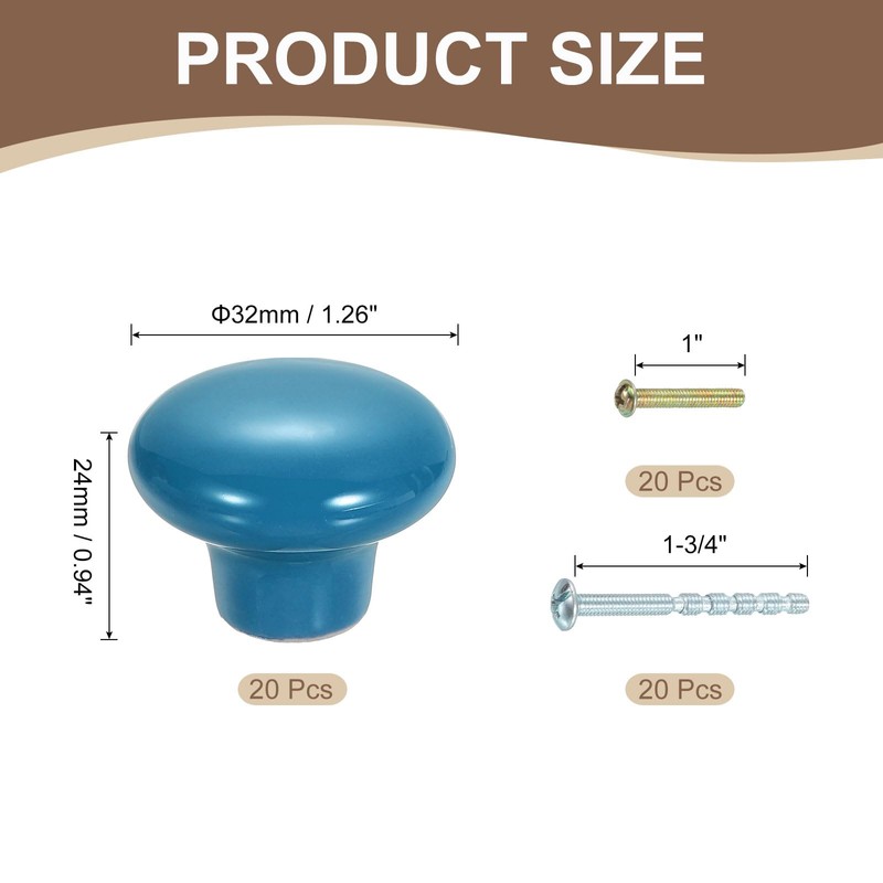 sourcing map 20Pcs Ceramic Cabinet Knobs, 32mm/1.26" Mushroom Round Shaped