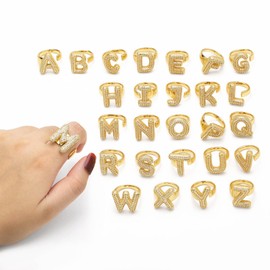 Gold Initial Rings for Women Chunky Gold Rings Gold Filled Ring Adjustable Bubble Letter Ring Statement Ring Initial Ring for Women, Metal, No Gemstone