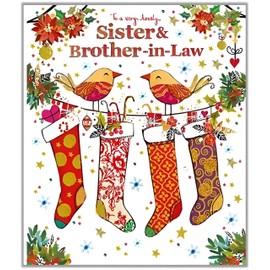 Sister and Brother-in-Law Christmas Card - Special Finishes - Festive Stockings and Robins - Made in the UK - Eco-Friendly