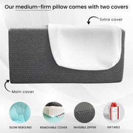 PALTEX Memory Foam Cube Pillow for Side Sleepers – 24x12x4in Gray with Extra White Cover - Medium Firm Pillow for Neck and Shoulder Pain – Memory Foam Pillow Cube with Removable Pillowcase