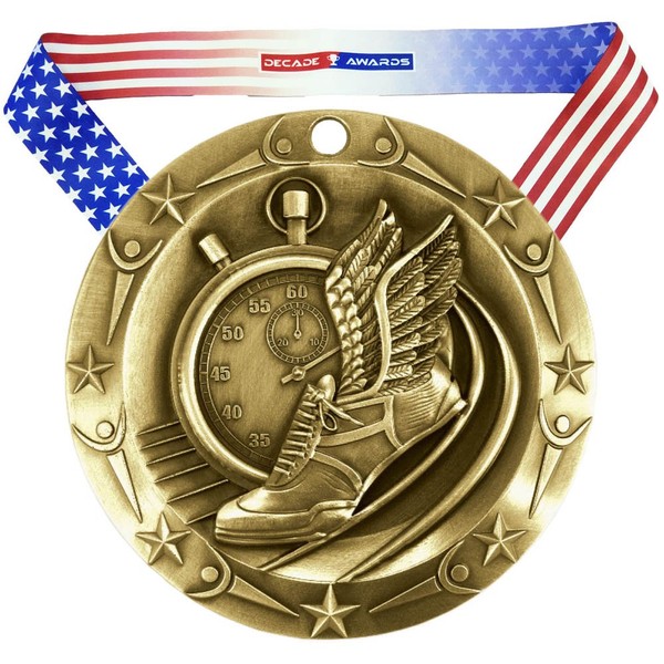 Decade Awards Track World Class Engraved Medal, Gold - 3 Inch Wide Running First Place Medallion with Stars and Stripes American Flag V Neck Ribbon - Customize Now