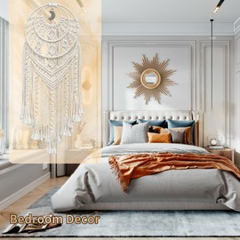 Crochet Tapestries Dream Catcher with Long Tassel, Large Crescent Moon Boho Macrame Woven Wall Hanging, White Cotton Handmade Bohemian Home Decoration for Kids Bedroom Living Dorm Apartment Wedding