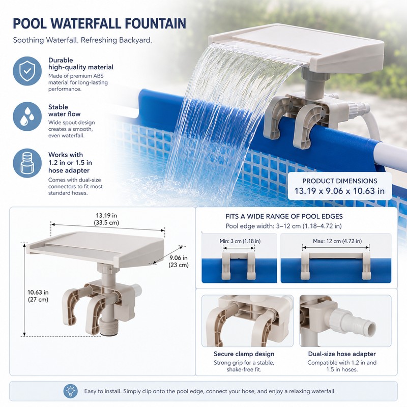 Pool Waterfall Fountain for Above-Ground Pools – Adjustable Clamp Spillway