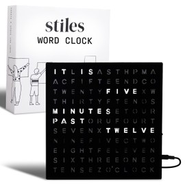 Stiles Word Clock, 8" by 8" Modern LED Desk Clock with USB Cable, Aluminum Clock with Words, Contemporary, Living Room, Bedroom, Home, or Office Lightup Decor, Black