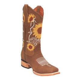 Women’s Square Toe Leather Cowgirl Cowboy Boot Sunflower Floral Embroidered Western Boots (9, Tang)