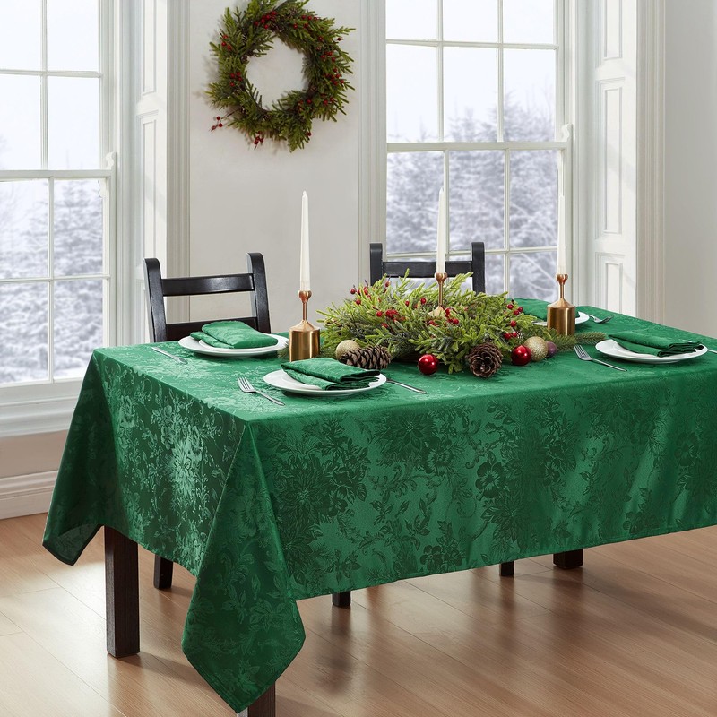 Elrene Home Fashions Poinsettia Elegance Jacquard Holiday Fabric Tablecloth, 52"
