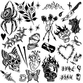 Oottati 2 Sheets Old School Style Black Temporary Tattoo Skull Spider Knife Arrow Heart Flower Dog