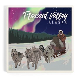 Pleasant Valley, Alaska, Northern Lights, Dog Sled (Absorbent Ceramic Coaster, Single, Cork Back, Kitchen Table Decor)