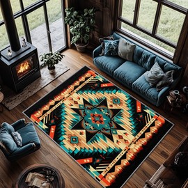 Yoozitrees Aztec Rug Teal - Aztec Rug, 3x5 Rug, Southwest Native American Tribal Area Rug, Colorful Geometric Southwestern Door Mat, Washable & Non Slip & Soft Small Carpet, Aztec Home Decor