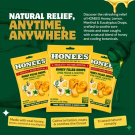 Honees Filled Honey Lemon Cough Drops- Filled with Honey, Menthol, Lemon and Eucalyptus - Nothing Artificial -Natural Sore Throat Lozenges- Non-GMO (6 Pack – 120 Drops)
