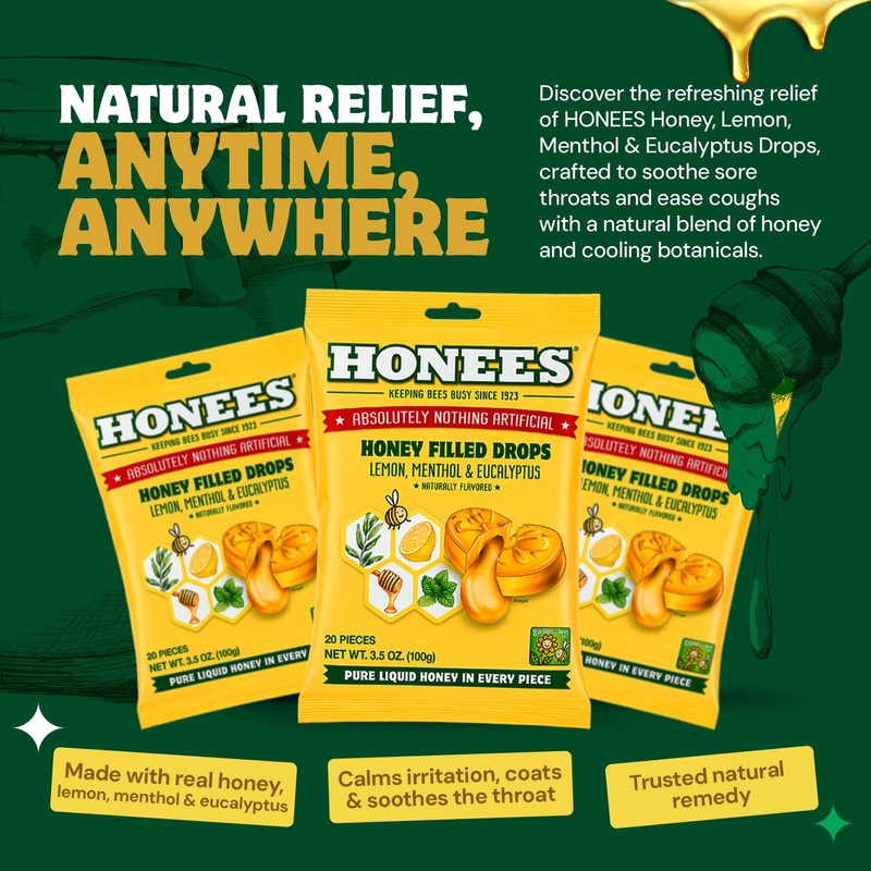 Honees Filled Honey Lemon Cough Drops- Filled with Honey, Menthol,