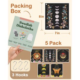 Miss Adola Swedish Dishcloths for Kitchen - Reusable 5 Pack Swedish Dish Cloths with Hook Swedish Towels Washing Dishes Fast Drying Cute Fun Washable Swedish Cleaning Sponge Cloths, Sun Moon