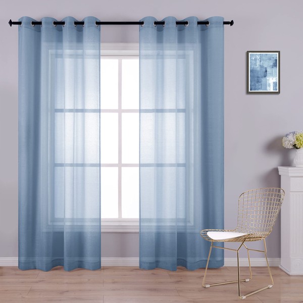 KOUFALL Dusty Blue Curtains 84 Inch Length for Living Room Decor Set of 2 Panels Grommet Window Faux Linen Semi Sheer Transparent Grey Blue Sheer Curtains for Bedroom 52x84 Inches Long