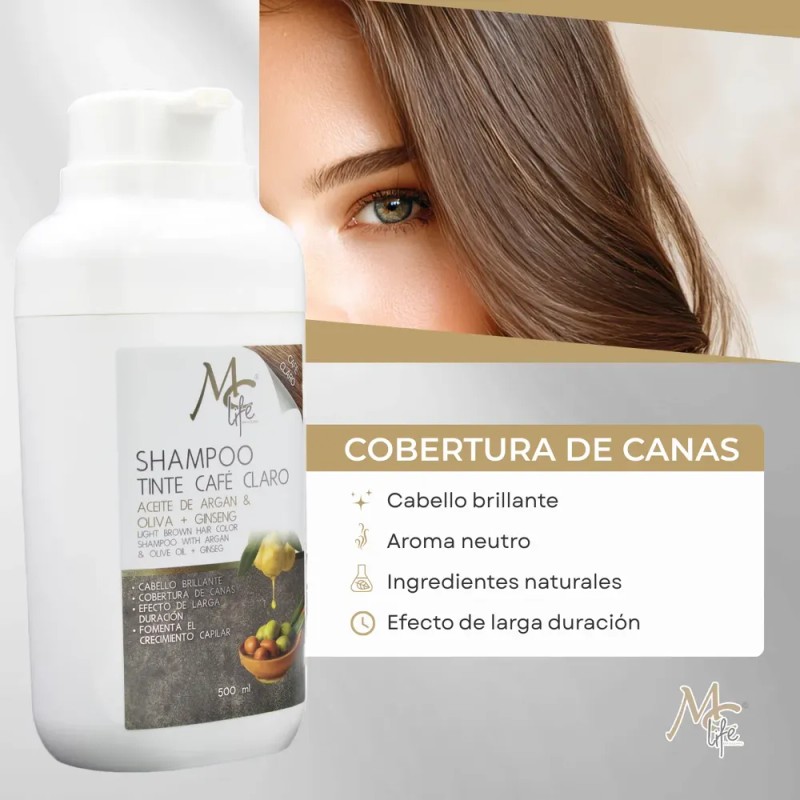 Shampoo Tinte Café Claro, Cobertura Canas, Argán. Mc Life