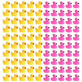 Tiny Rubber Flamingo Ducks, 50pcs Mini Flamingos + 50pcs Mini Resin Toys for Crafts Pink Yellow Plastic Duck Miniature Figures Decorations for Home Landscape Party Dollhouse Ornament