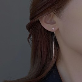 Cybche Boho Star Threader Earrings Silver Threader Chain Earrings Tiny Star Chain Dangle Earrings Star Threader Tassel Earrings Long Pull Through Earrings Jewelry for Women