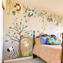 Large Jungle Safari Wall Decals 62.59”x90.94” Animals Climbing Trees Removable Peel and Stick Wall Art for Nursery Kids Room Playroom Decor
