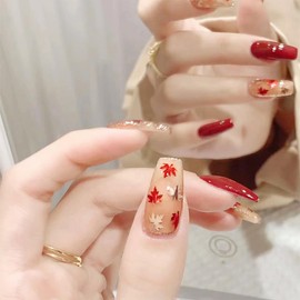 24Pcs Fall Press on Nails Long Coffin Fake Nails with Fall Leaf Design Red Orange Autumn Acrylic Glue on Nails Thanksgiving False Nail 3D Holographic Sequins Stick on Nail for Women Nail Art Supplies