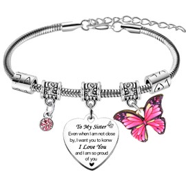 To My Sister Charm Bracelet Gifts I Love Gifts for Sister Birthday Gifts from Sister Big Sister Little Sister Christmas Graduation Gifts Butterflies Gifts Heart Rhinestones Butterfly Bracelets Jewelle