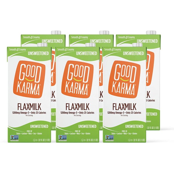 Good Karma Plant-Powered Flaxmilk, Classic Unsweetened, 32 oz Shelf-Stable Carton (Pack of 6) Dairy-Free, Plant Based Milk Alternative