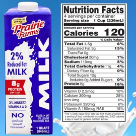 Prairie Farms Milk 2% Percent, Shelf Stable, Reduced Fat, Boxed & Ulta Pasteurized (UHT), Vitamin D White Milk - Preservative and Hormone Free, Gluten Free, Kosher, Made in USA - 1 Quart (1 Pack)