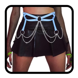 Cosydays Cinturón punk de cadena de piel para el cuerpo, arnés en capas, anillo gótico, cadena para el vientre, cinturón de fiesta, trajes de rave, accesorios de joyería para mujeres y niñas (azul)