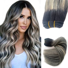 Sew in Hair Extensions Ral Human Hair, Hand Tied Weft Hair Extensions Remy Human Hair Weft Sew in Bundles 20 Inch 100G Natural Black Balayage Blonde Highlight Hair Wefts Weave Bundles