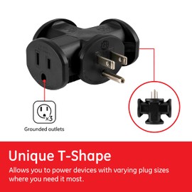 GE 3-Outlet Grounded T-Shaped Tap Adapter, Heavy Duty, Black, 50872