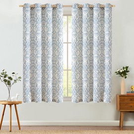 jinchan Curtains for Bedroom, Light Filtering 63 Inch Length 2 Panels Set, Baroque Style Linen Blend Drapes Living Room, Vintage Damask Window Treatments, Grommet Top Blue on Flax, W52 X L63