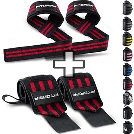 Fitgriff® Muñequeras + correas de elevación (paquete) - Correas de muñeca para levantamiento de pesas, gimnasio, entrenamiento de fuerza, fitness, par