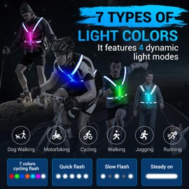 VJEUK Led Reflective Vest Running Gear，7 Lights Colors Light Up Running Vest, Rechargeable High-Visibility Adjustable Vest for Running, Cycling, and Night Activities（Blue）
