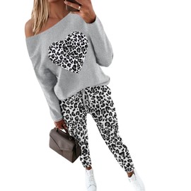 CHICME 2 Piece Heart Leopard Print Tracksuits Set Skew Neck Long Sleeve Top Pants Sets with Pockets Gray-S