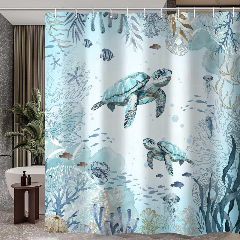 Hjokiupt Sea Turtle Shower Curtain for Bathroom, Teal Blue Ocean