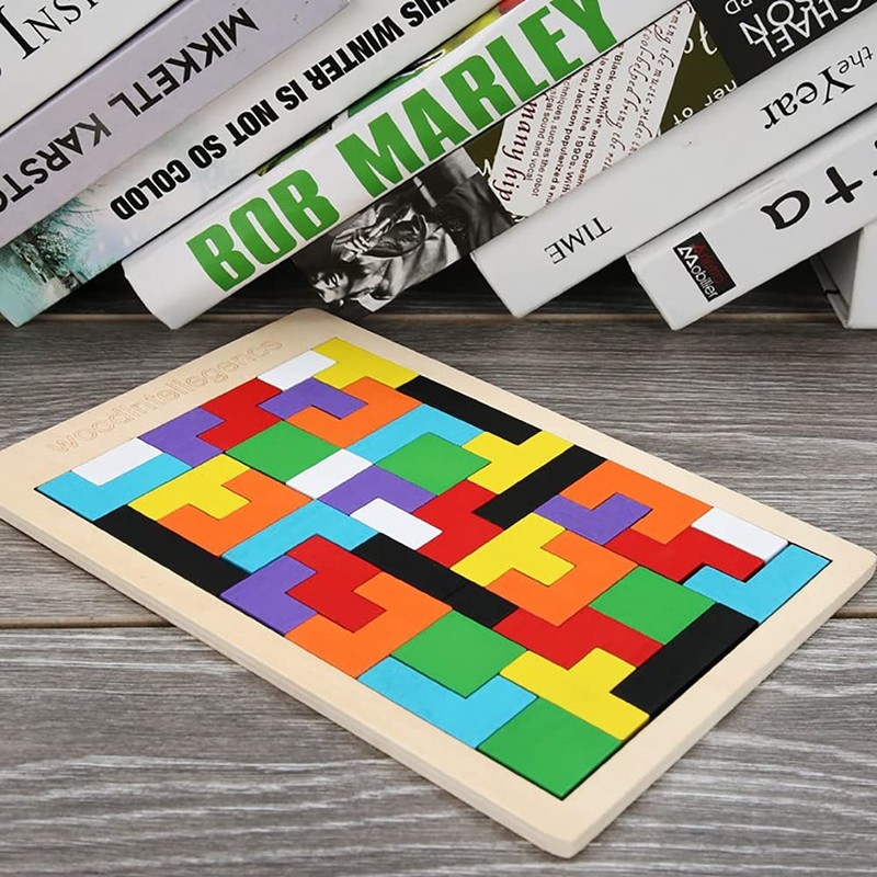 ANCLLO Tangram wooden puzzle with colourful 3D Russian blocks